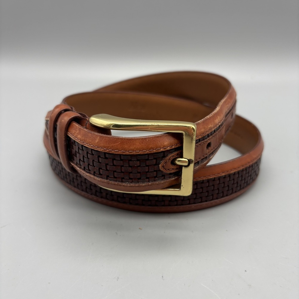 Allen Edmonds Woven Leather Dress Belt 28006 Size 34/85 Brown Brass Made in USA